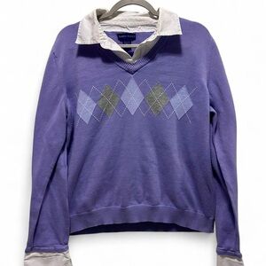 Purple and green argyle V-neck sweater